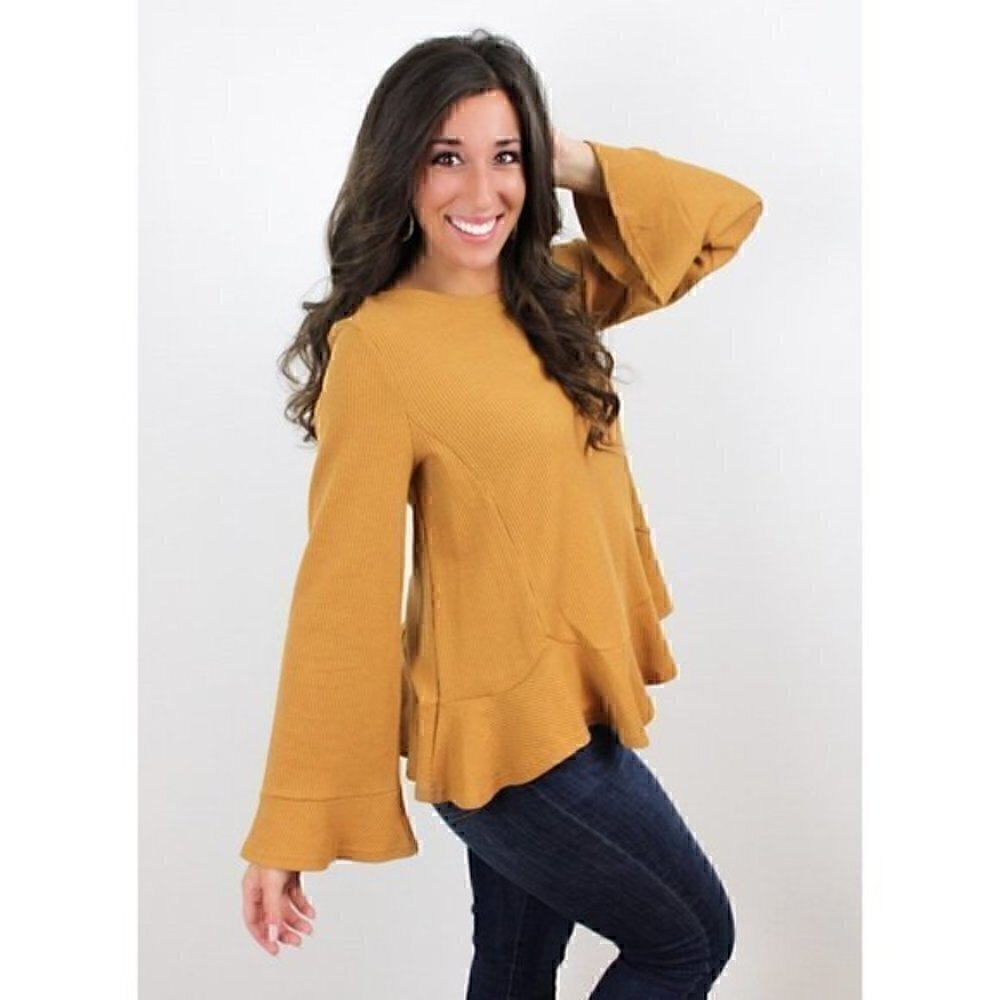 Scoop Neck Bell Sleeve Ruffled Top - Mustard